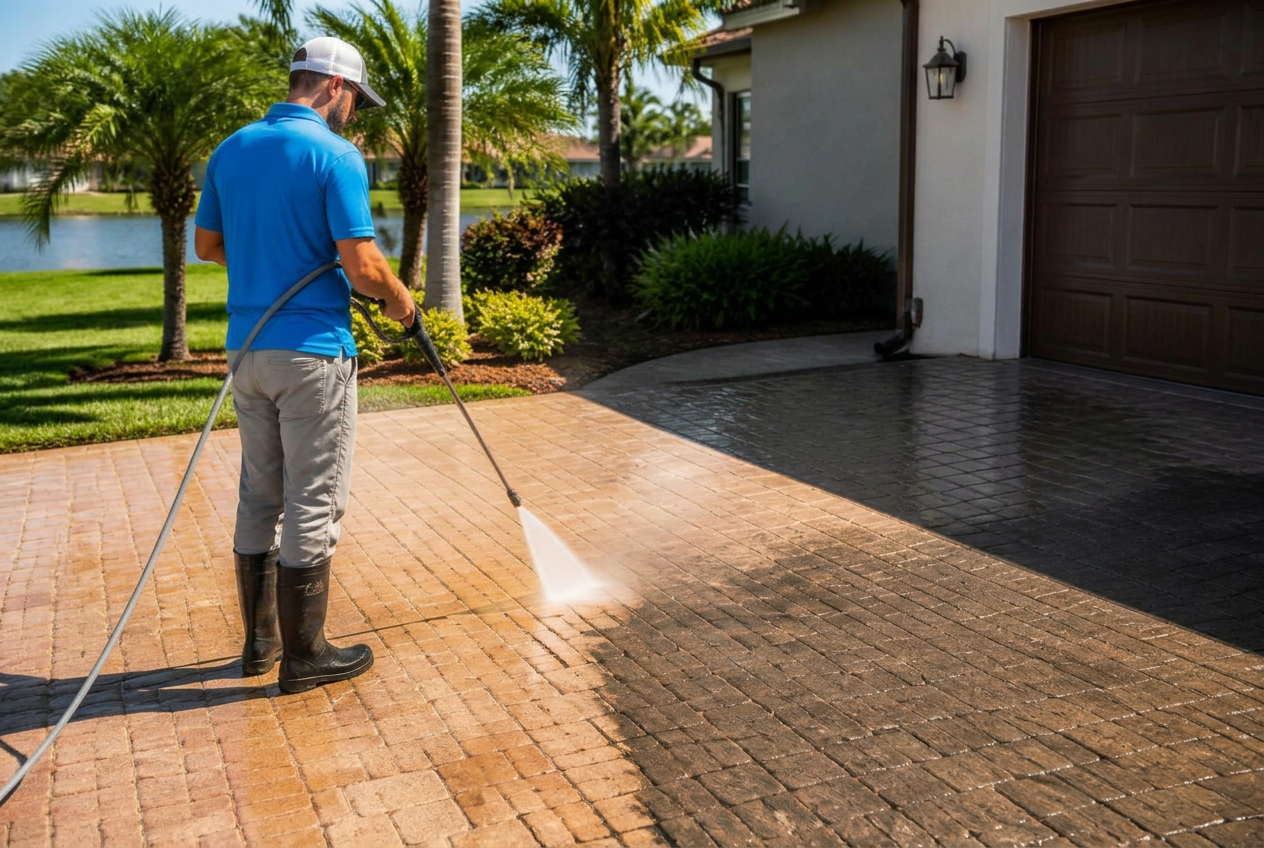 A Vailco technician pressure washing a brick paver driveway at a Jacksonville home